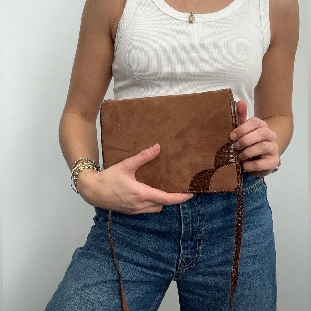 Valentino Vintage 80’s Brown Suede Snakeskin Crossbody Convertible Clutch Italy